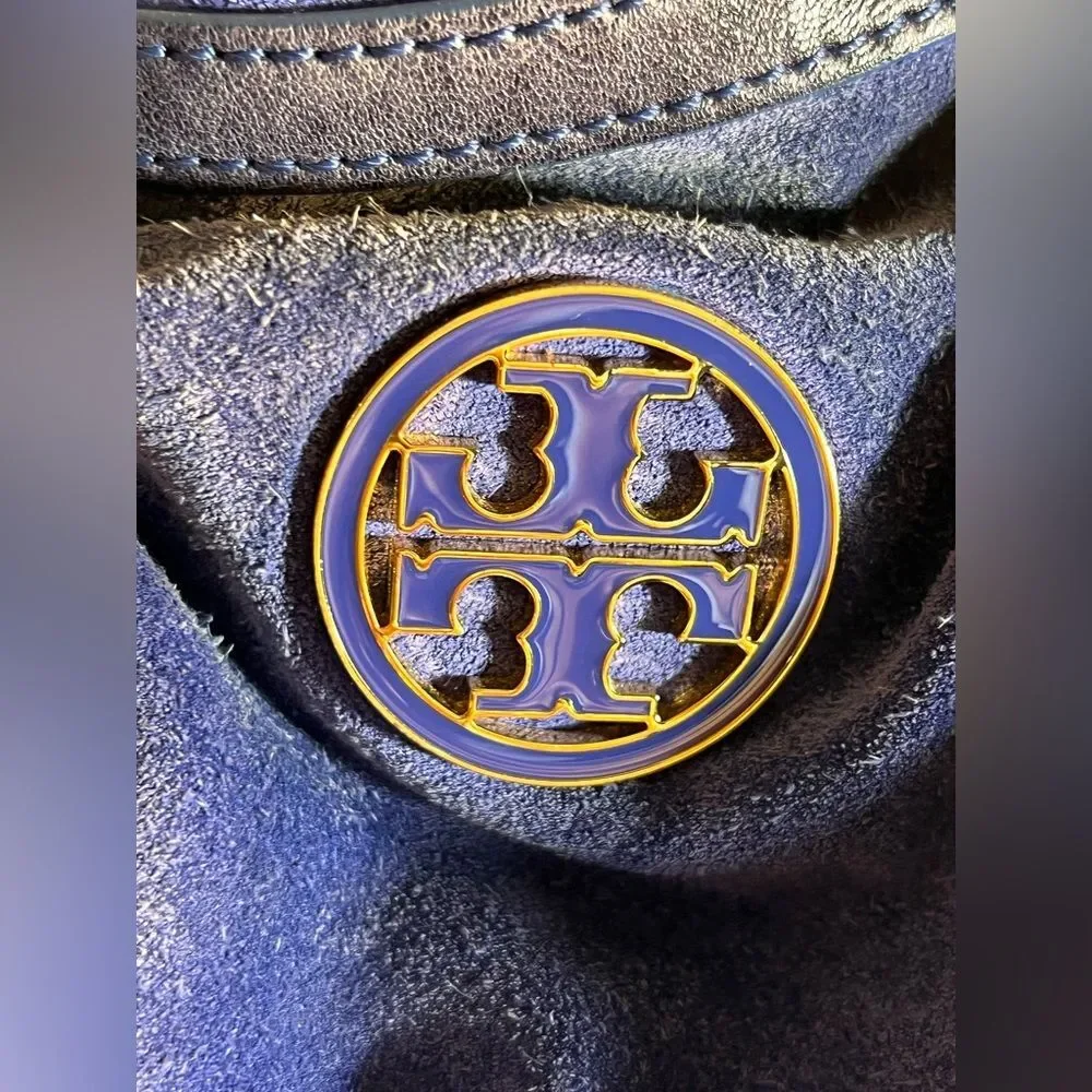 Tory Burch Suede Blue Hobo Bag leather trim gold tone hardware zip top classic
